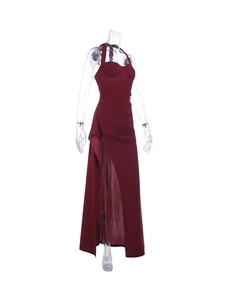 Slim fit wine red halter neck dress with ruched design and high side slit