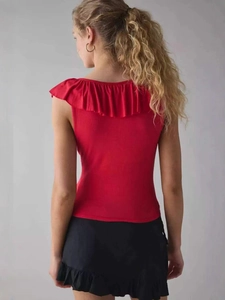 Abito mini bodycon bicolore retrò con top rosso smanicato a balze e gonna nera corta