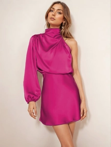 Elegant Asymmetric One Shoulder Satin Mini Dress Women Long Lantern Sleeve High Neck Bodycon Party Evening Cocktail Dress