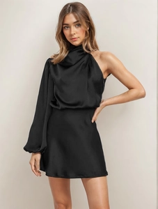 Elegant black satin one-shoulder mini dress with long sleeve and halter neck design