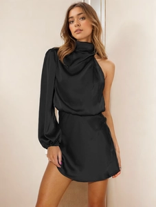 Detail of elegant black one-shoulder satin dress with stylish draped high neckline