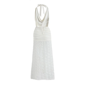 Close-up of white halter neck dress with satin ruched bodice and 3D floral lace skirt