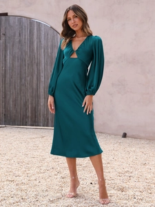 Elegant teal satin V-neck midi dress with cut-out detail and long lantern sleeves