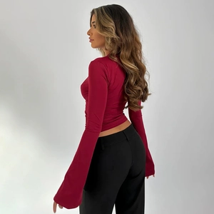 Elegant burgundy flared long sleeve top for women featuring a stylish slim fit design
