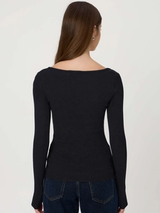 Rear view of a slim fit black ribbed knit long sleeve top with textured fabric detail