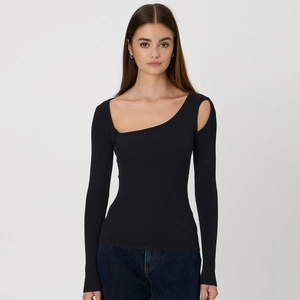 Detail showing the shoulder cut-out and ribbed texture on this black slim fit knit top