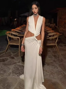 Robe Longue Sexy pour Femmes avec Col en V Profond et Ajouré Fente Haute Nœud Torsadé Sans Manches Dos Nu Été Fête Vacances