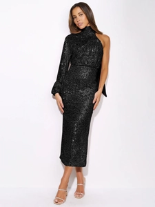 Detail of elegant black sequin one-shoulder dress featuring high collar and asymmetrical sleeve