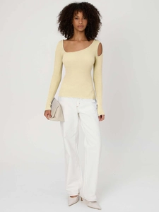 Detailed knit texture of asymmetric off-shoulder long sleeve top in light beige color