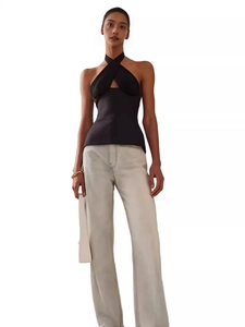 Sexy black halter neck knit top with crossover backless design for women