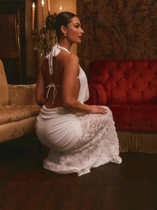 Elegant white backless halter dress with 3D rose flower embroidery and slim fit