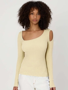 Detail showing the asymmetric cutout shoulder and ribbed knit texture on long sleeve top