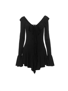 Vestito sexy nero a maniche lunghe con scollo a V, dettagli a balze e polsini a campana