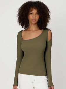Slim fit olive green off-shoulder knit top with asymmetric cutout and long sleeves