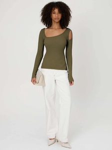 Detail of army green ribbed knit top with asymmetric cutout shoulder and long sleeves