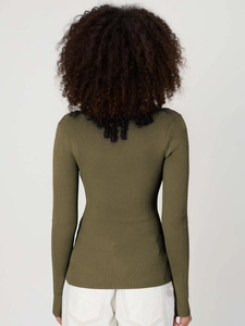 Rear view of an olive green slim fit ribbed knit long sleeve top on a model