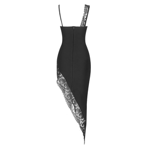 Detail of the asymmetric back design featuring delicate floral lace and invisible zipper