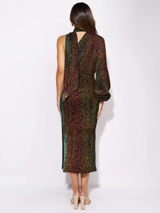 Detailed back view of a sequin dress with asymmetric cut and shimmering metallic texture