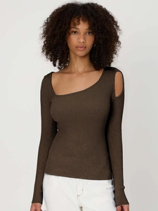 Detailed view of dark brown ribbed knit top featuring asymmetrical cutout shoulder design