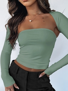 Detail of pea green rib-knit tube top with matching separate long sleeves sleeves set