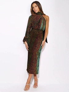 Detailed view of asymmetric one-shoulder sequin dress with iridescent shimmering fabric