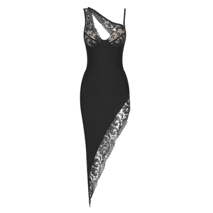 Close-up of elegant black lace inserts and asymmetric mesh on this bodycon dress