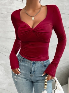 Slim fit long sleeve wine red top with heart neck twist front knot for women