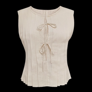 Detail of beige pleated sleeveless linen vest featuring delicate front tie closures