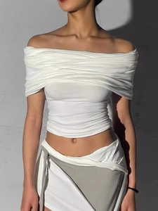 T-Shirt Femme Style Wasteland Américain à Capuche Manches Courtes Épaules Dénudées Plissé Slim Fit Crop Top Streetwear