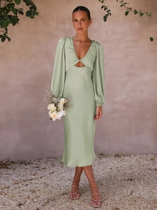 Elegant Satin Midi Dress For Women Deep V Neck Cutout Backless Lantern Long Sleeve Party Evening Banquet Solid Color Gown