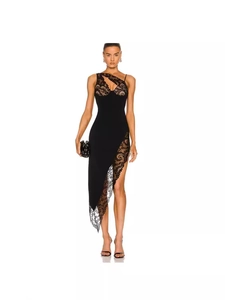 Elegant black lace patchwork slim bodycon dress with asymmetric one-shoulder design