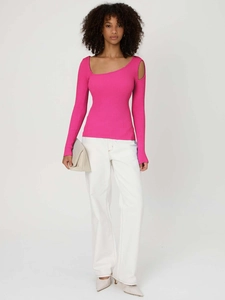 Detail of rose pink ribbed knit top with asymmetric cutout shoulder and slim fit