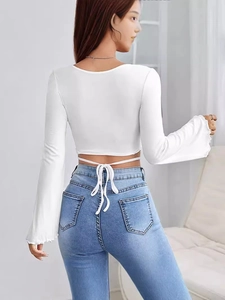 Elegant white square neck crop top with waist tie-back and flared long sleeves