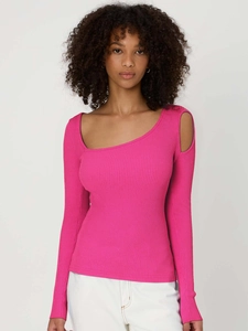 Chic rose pink asymmetric shoulder cutout ribbed knit long sleeve sweater for women