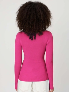 Back view of a slim-fit rose red ribbed knit sweater with long sleeves for women