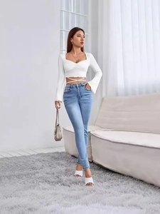Elegant white square neck crop top with waist ties and flared long sleeves for women