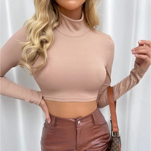 Detail of apricot ribbed knit crop top featuring a mock neck and slim-fit long sleeves