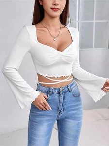 Elegant white square neck long sleeve crop top with waist tie and flare cuffs