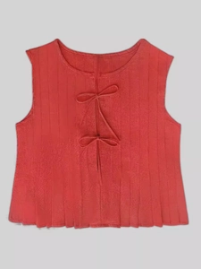 Elegant red sleeveless linen vest for women with bow ties and pleated texture