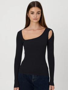 Women Asymmetric Cut Out Ribbed Knit Top Long Sleeve Slim Fit Off Shoulder Solid Color Streetwear Polyester Spandex Shirt