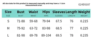 Detailed size chart for sexy low-cut long sleeve mini dress including S, M, L dimensions