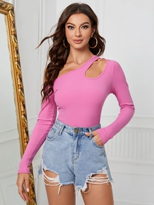Damen Off-Shoulder Cut-Out Langarm T-Shirt Sexy Slim Fit Rippstrick Asymmetrisches Oberteil Lässige Chic Einfarbig Bluse