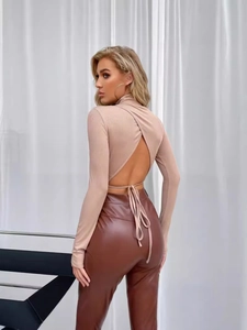 Women Sexy Backless Mock Neck Long Sleeve T-Shirt Ribbed Knit Tie Back Slim Fit Solid Color Summer Spring Basic Crop Top