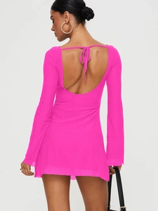 Sexy backless long sleeve mini dress in rose red with ruffle details and neck tie-up