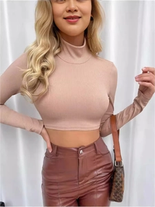 Slim fit pink high neck ribbed long sleeve crop top with stylish open back design