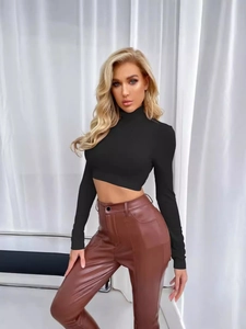 Slim fit black turtleneck long sleeve crop top with stylish brown leather pants set