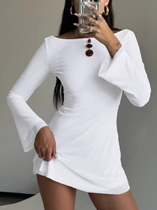 Elegant white off-the-shoulder mini dress with long sleeves and ruffled details for women