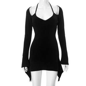 Detail of black halter long sleeve bodycon mini dress with cut-out shoulder design