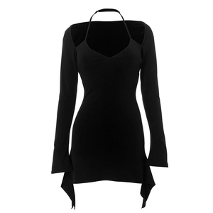 Detail of black bodycon dress featuring halter neck cutout and irregular hem design