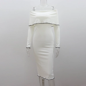 Detailed view of the off-shoulder neckline with black contrast trim on white ribbed dress